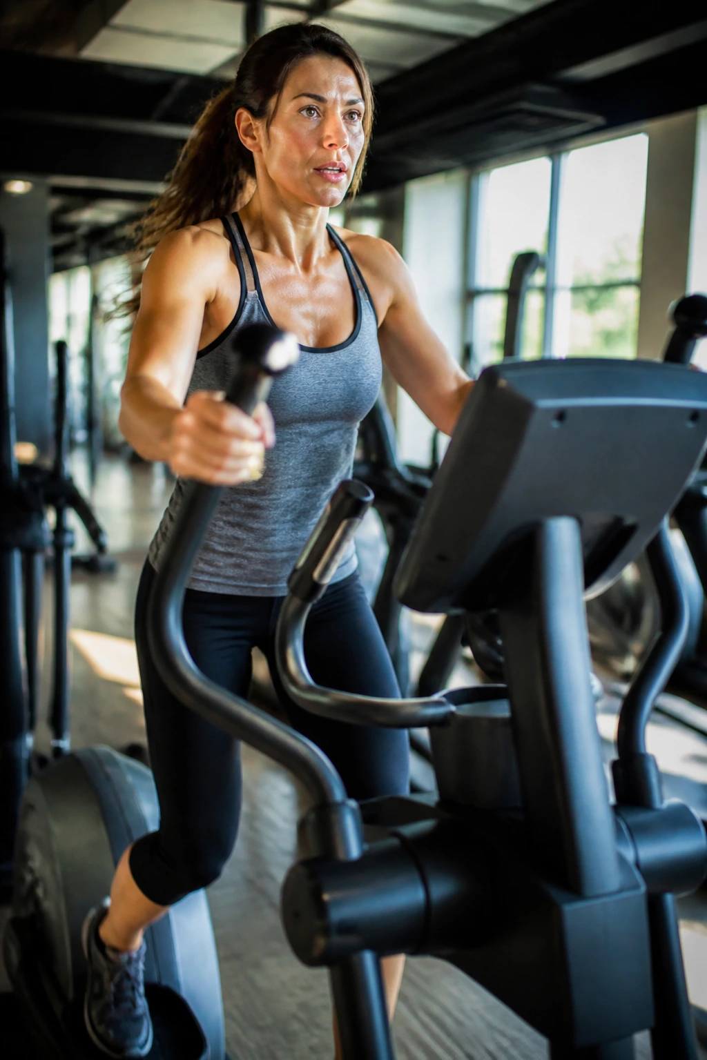 Person using an elliptical trainer in a gym, side profile with engaged muscles