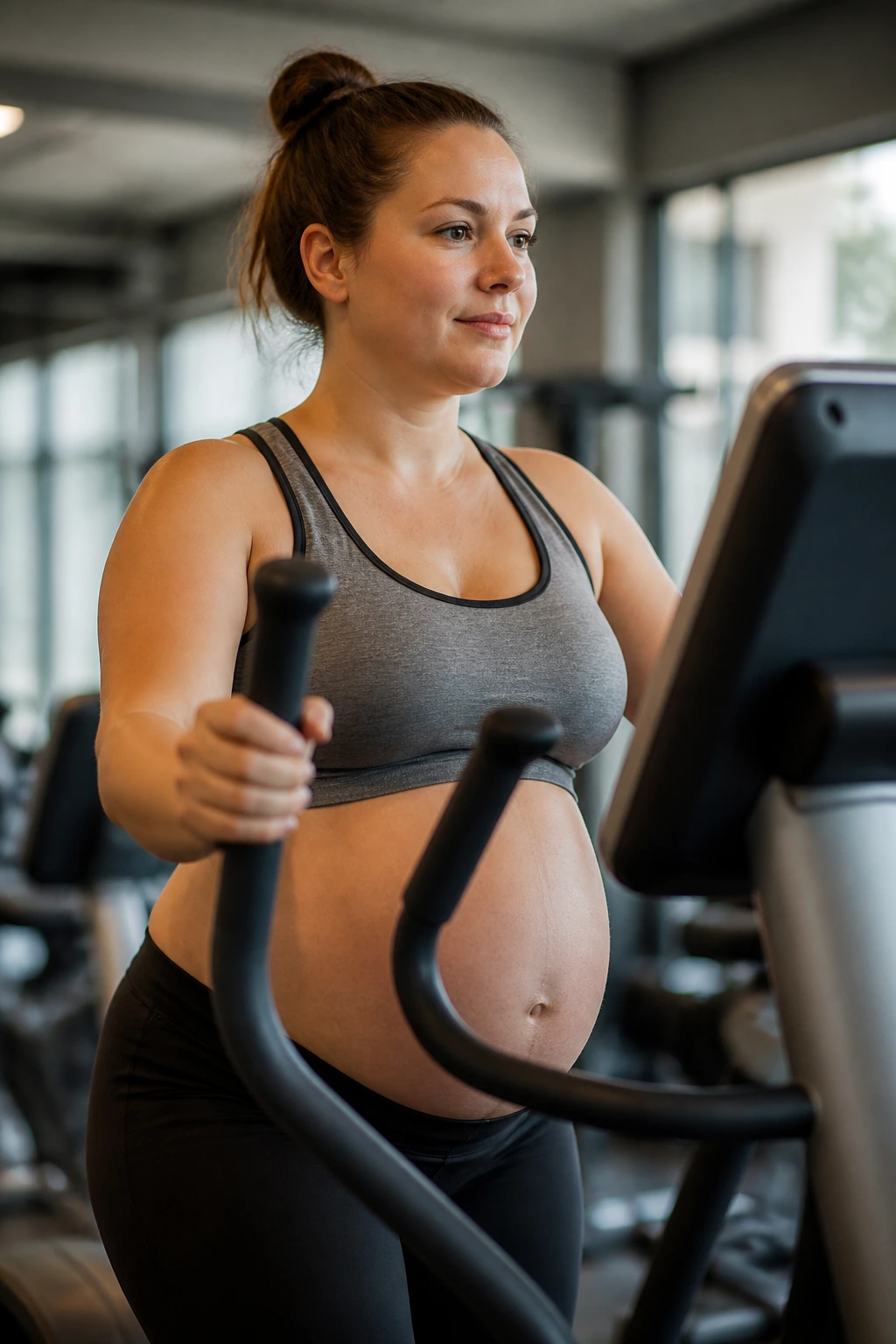 Pregnant woman on elliptical trainer in gym
