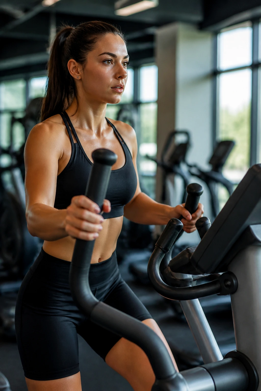 Close-up of a person using an elliptical machine in a gym