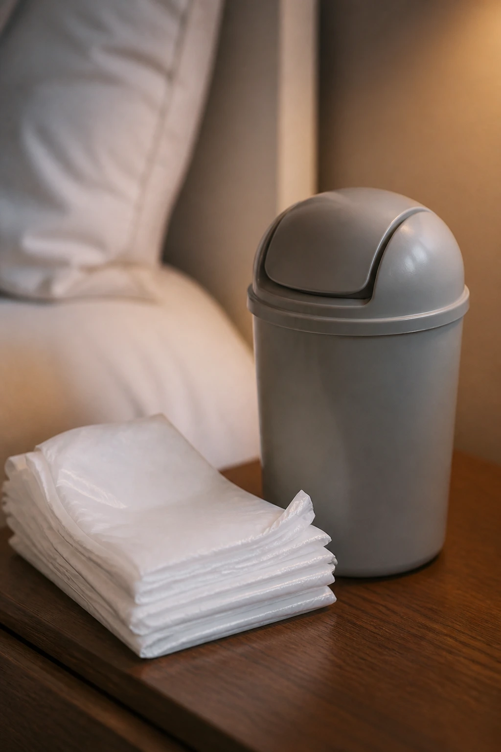 Close-up of emesis bags and a small lidded trash can on a bedside table
