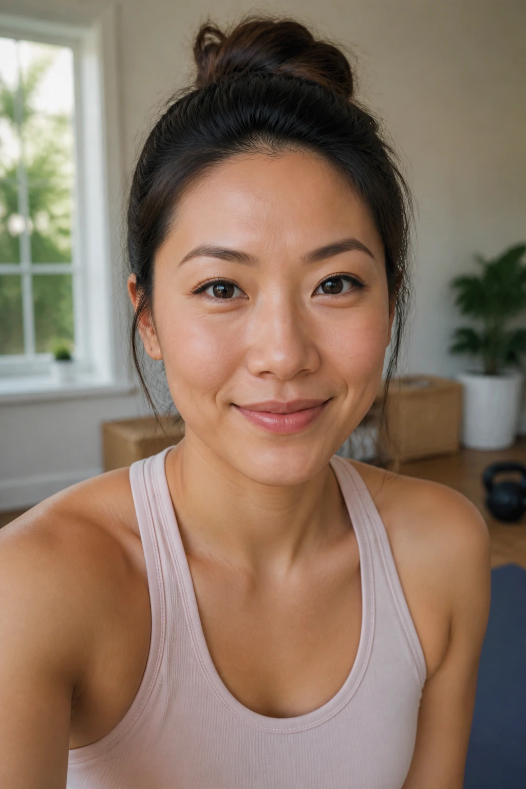 Close-up portrait of Emi Wong in a home workout setting with natural light
