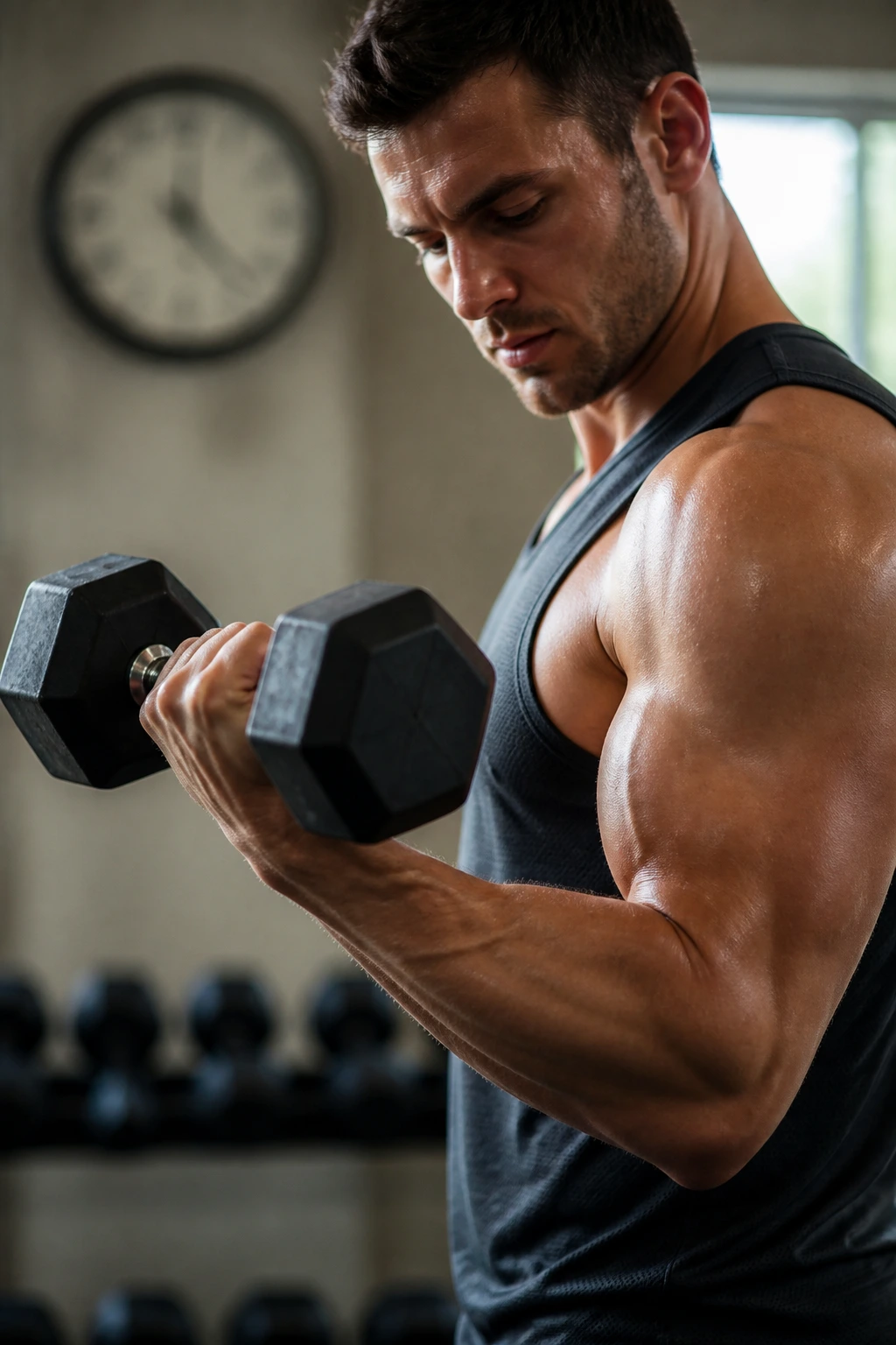 Close-up of a person performing a dumbbell curl in a gym with a blurred clock in the background.