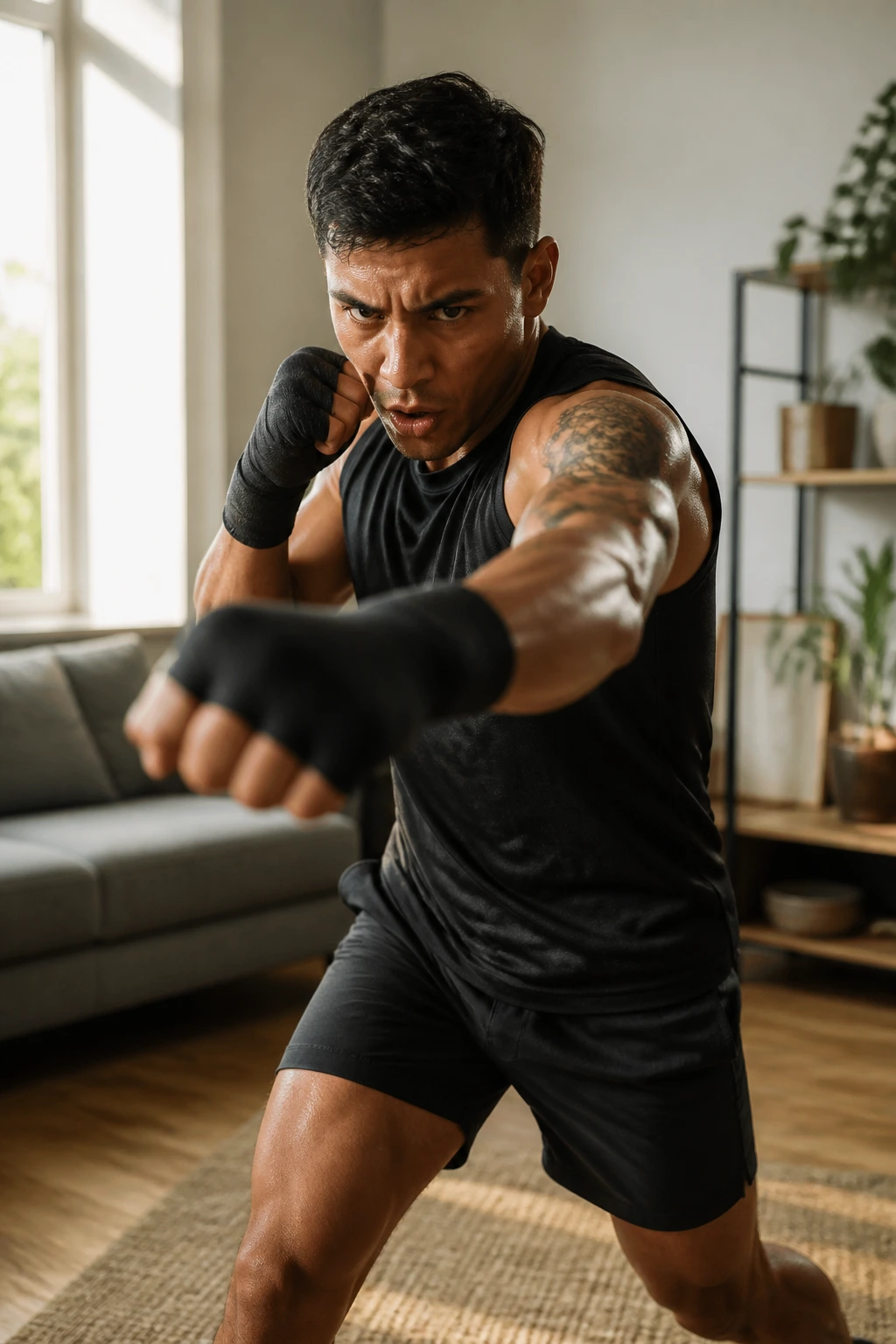 Boxer performing EMOM-style circuit in a home gym