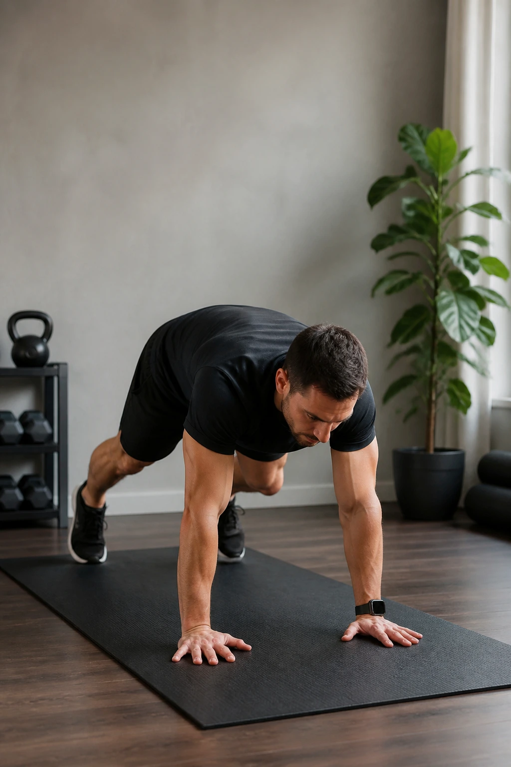 Real person performing a burpee-style cardio move in a home gym