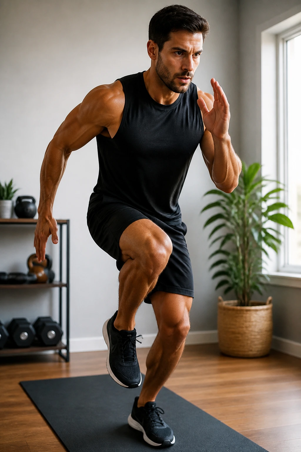 Person mid-action performing EMOM-style workout in a home space