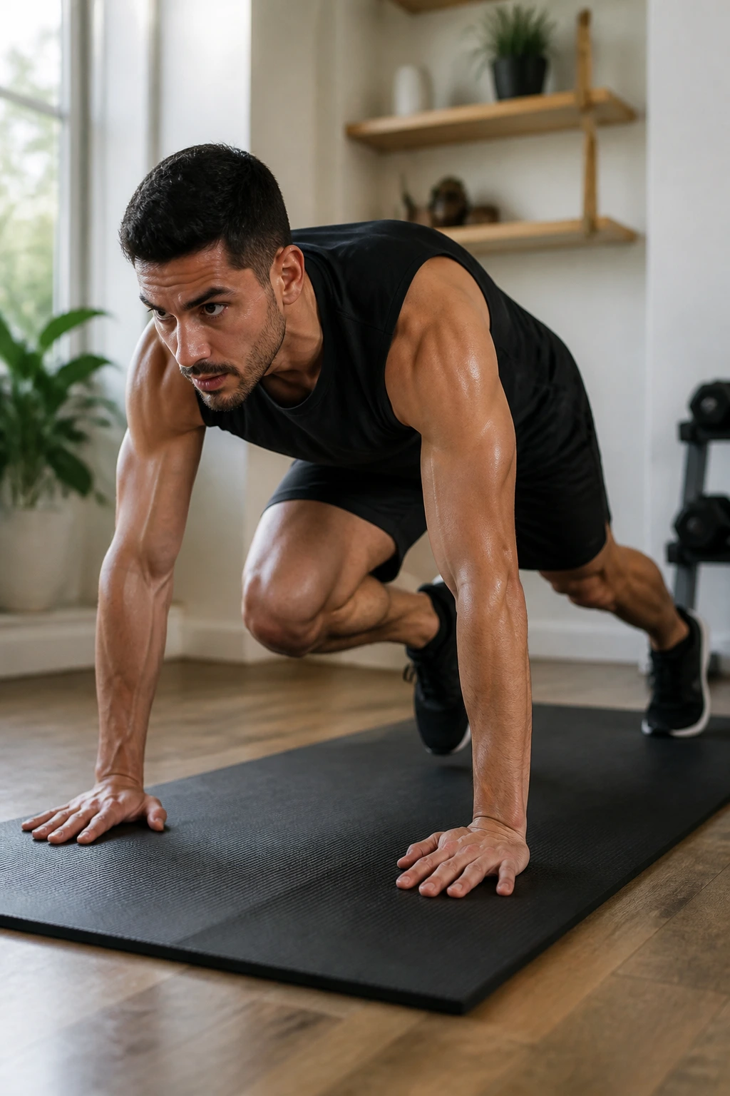 Real person performing mountain climbers on a mat in a bright home gym.