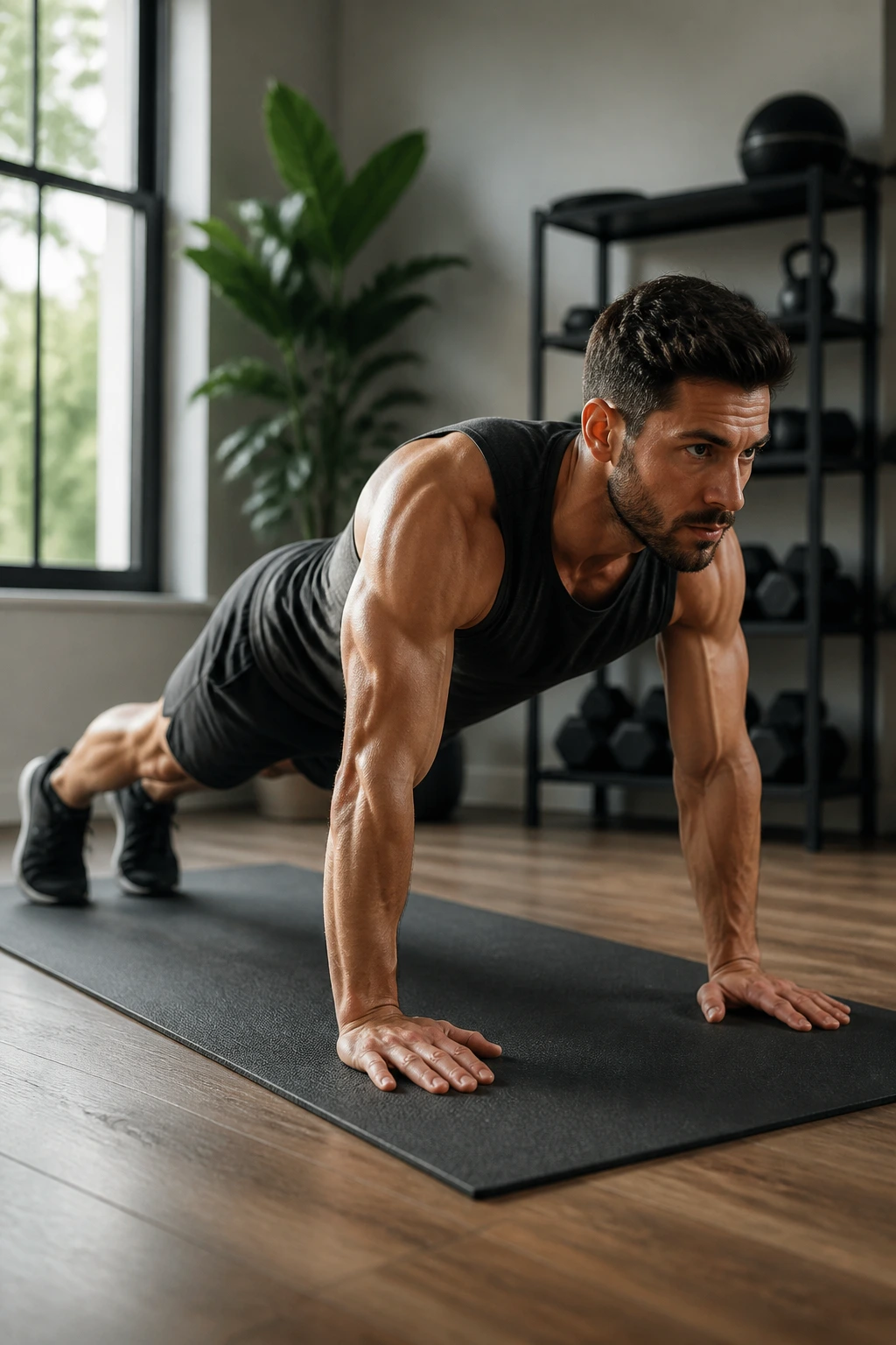 Mid-shot of a person in hollow hold position on a mat during a home EMOM workout