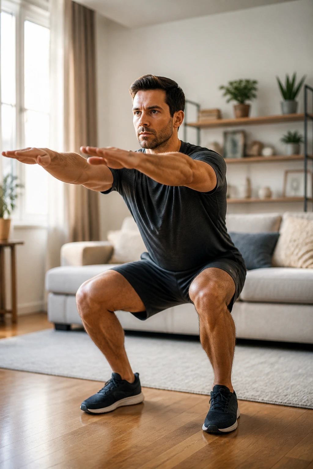 Real person performing a full-body EMOM squat in a cozy living room with natural light