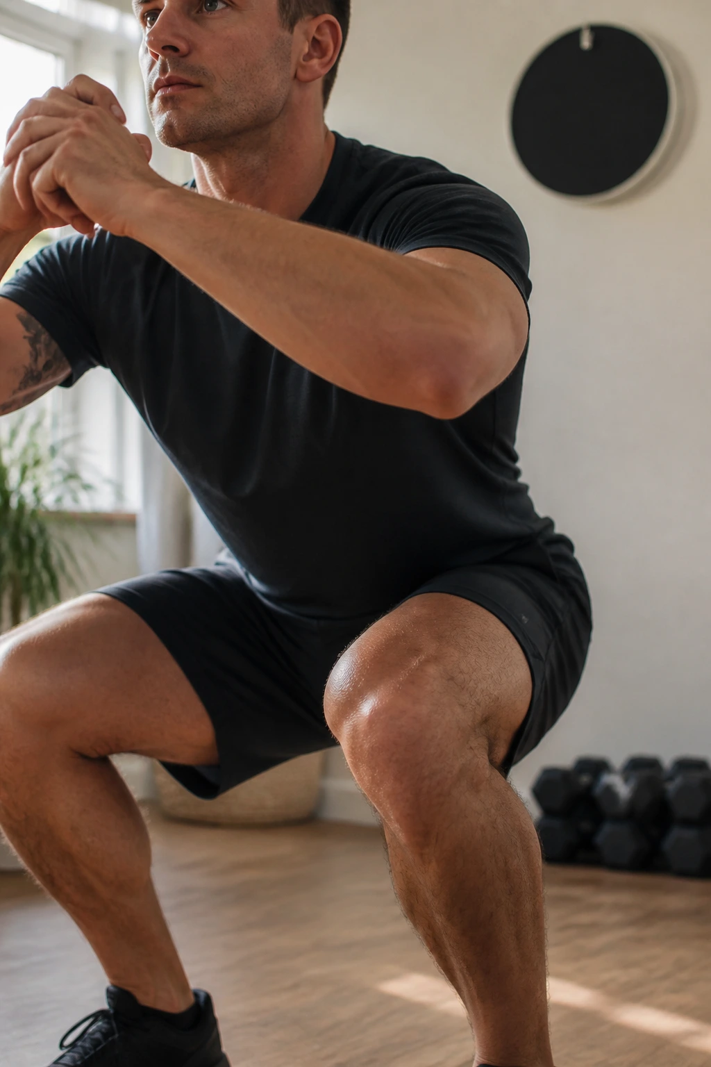 Close-up of a person mid-squat performing an EMOM squat at home with a timer on the wall behind (no digits).