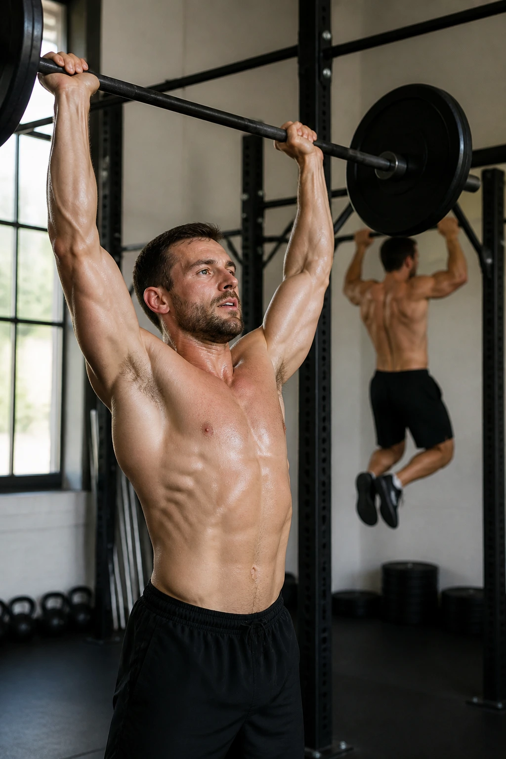 Athlete alternating push presses and chin-ups in EMOM style