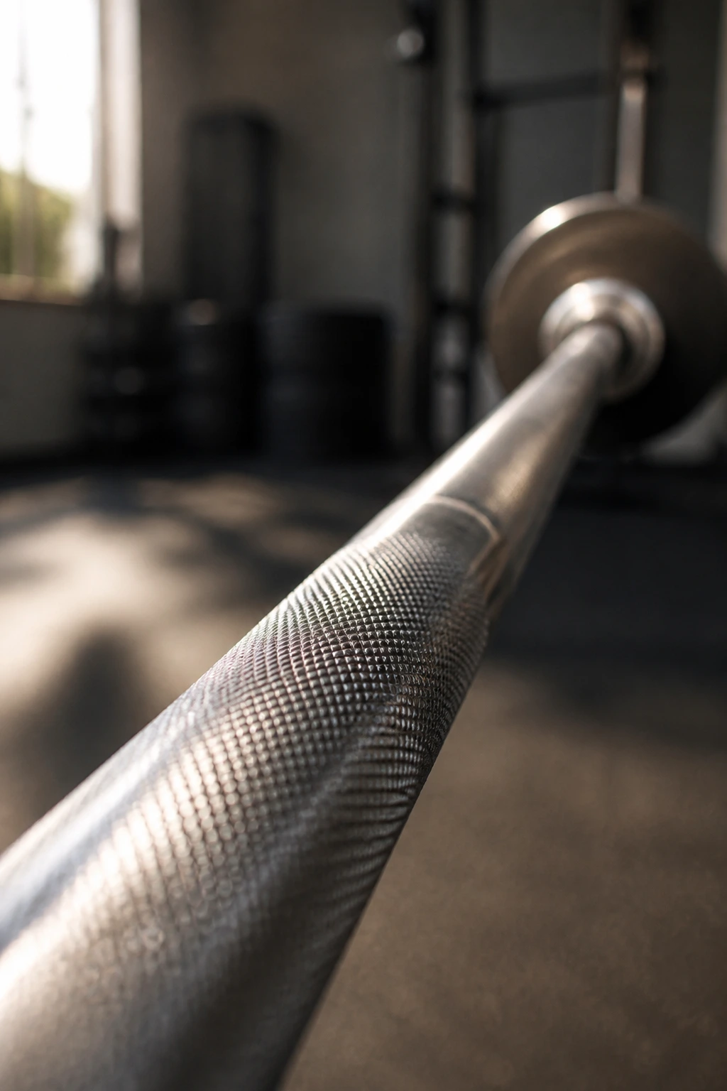 Close-up of an empty barbell in a gym with knurling visible