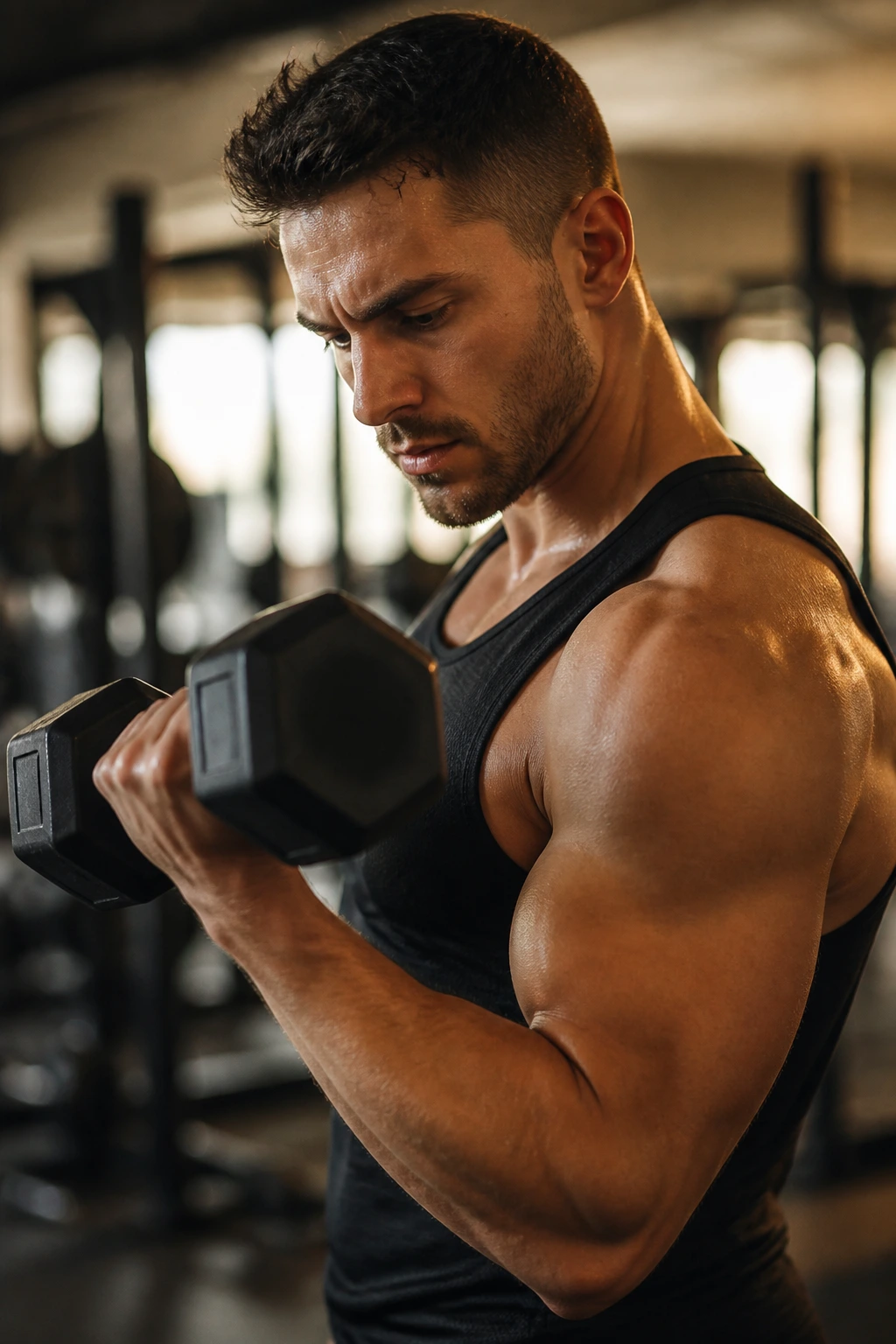 Lifter near end of a set with focused expression in gym