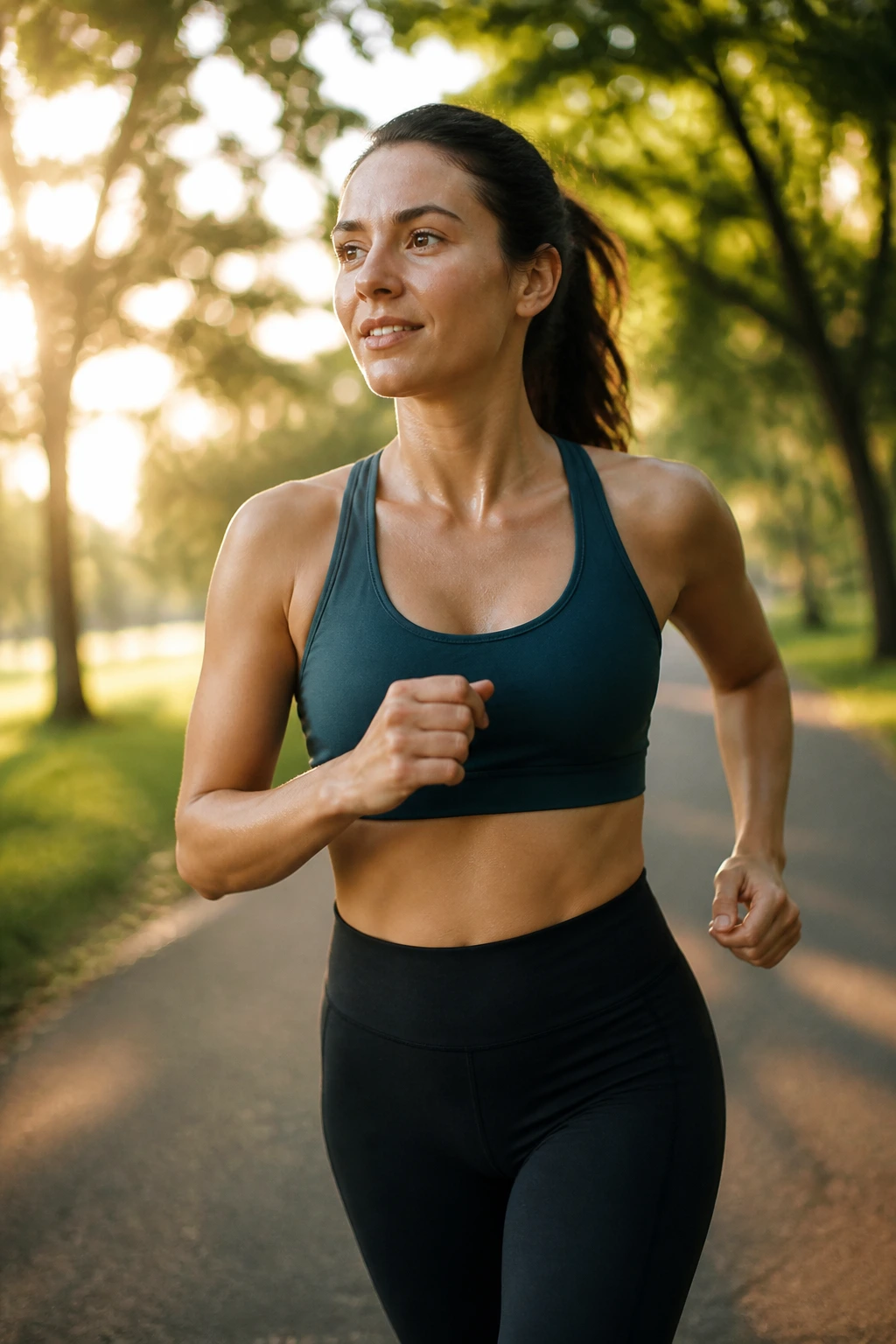 Woman running at an easy pace on a park path during golden hour