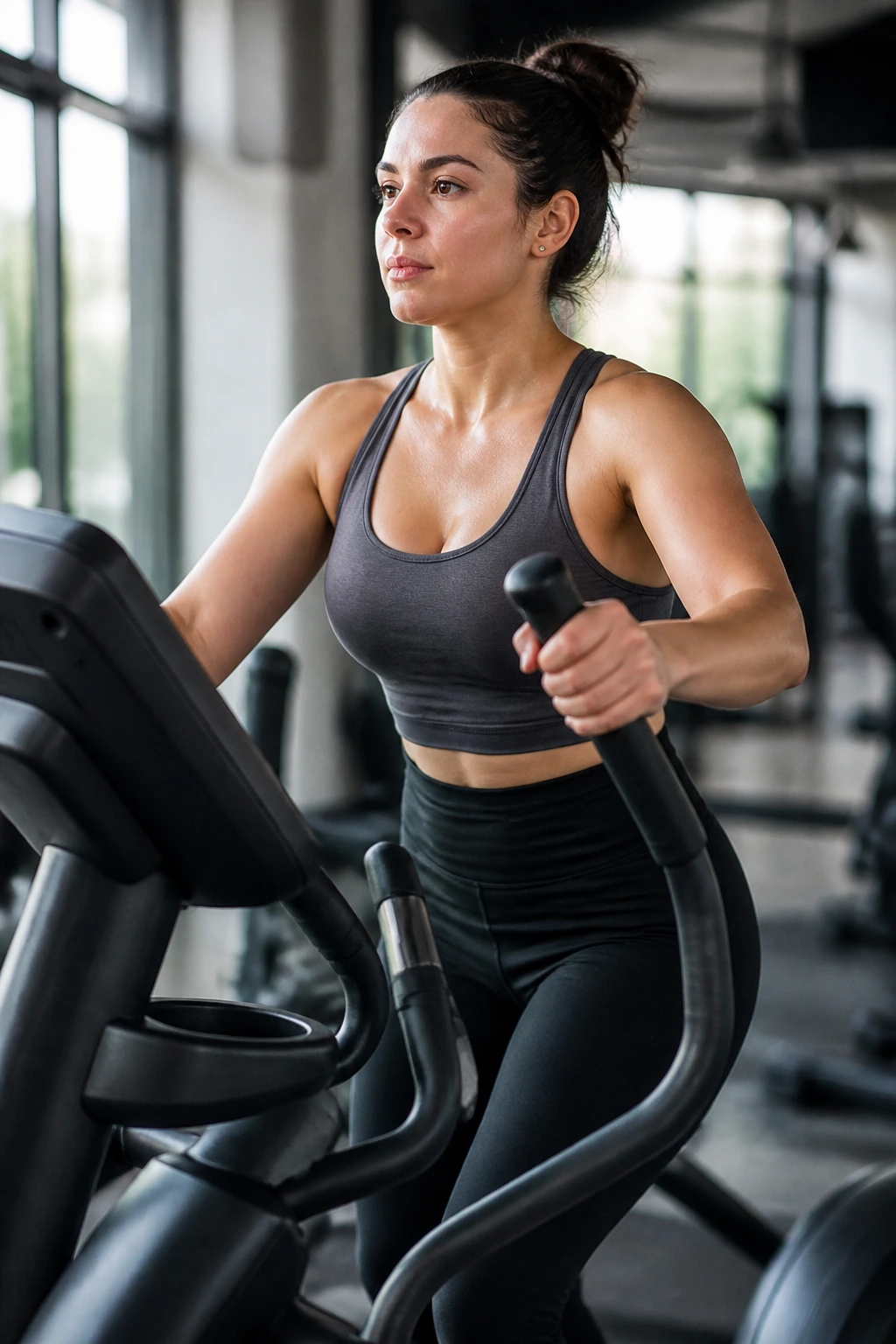 Woman on cross trainer in long endurance workout in gym