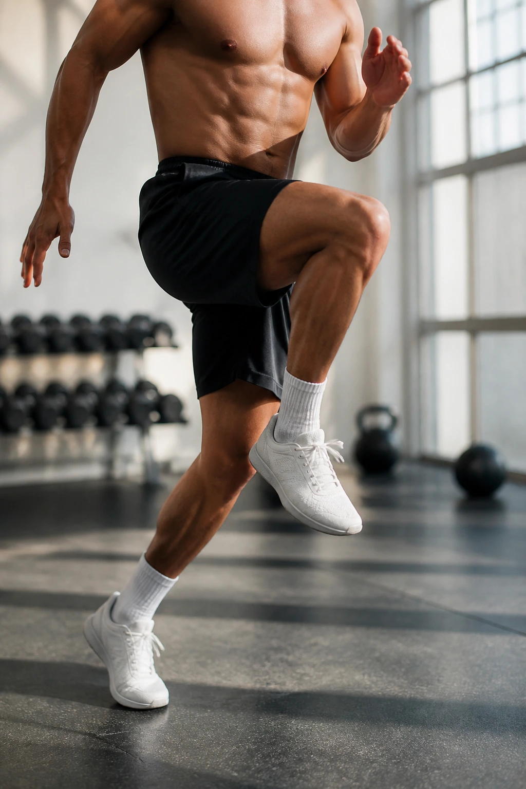 Close-up of a fit athlete performing mixed-tempo endurance ladder movements in a gym