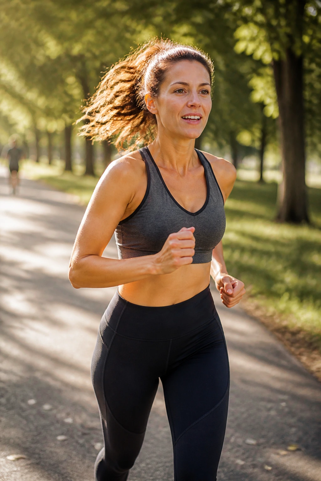 Real woman running-walking outdoors to build endurance in park