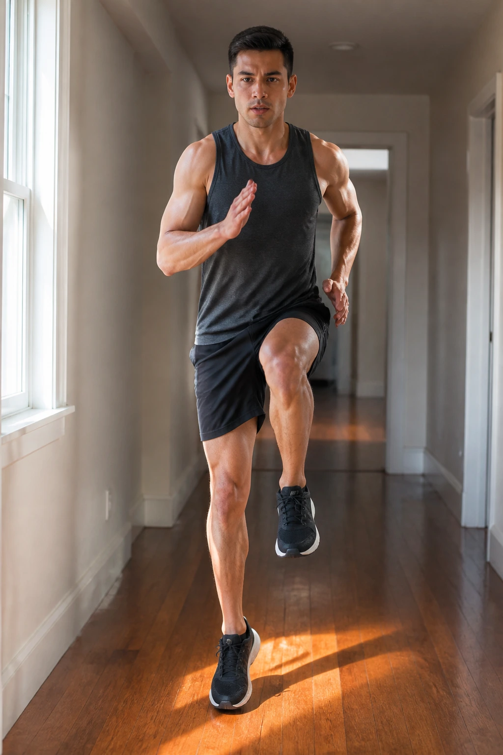 Person running in place down a sunlit hallway.
