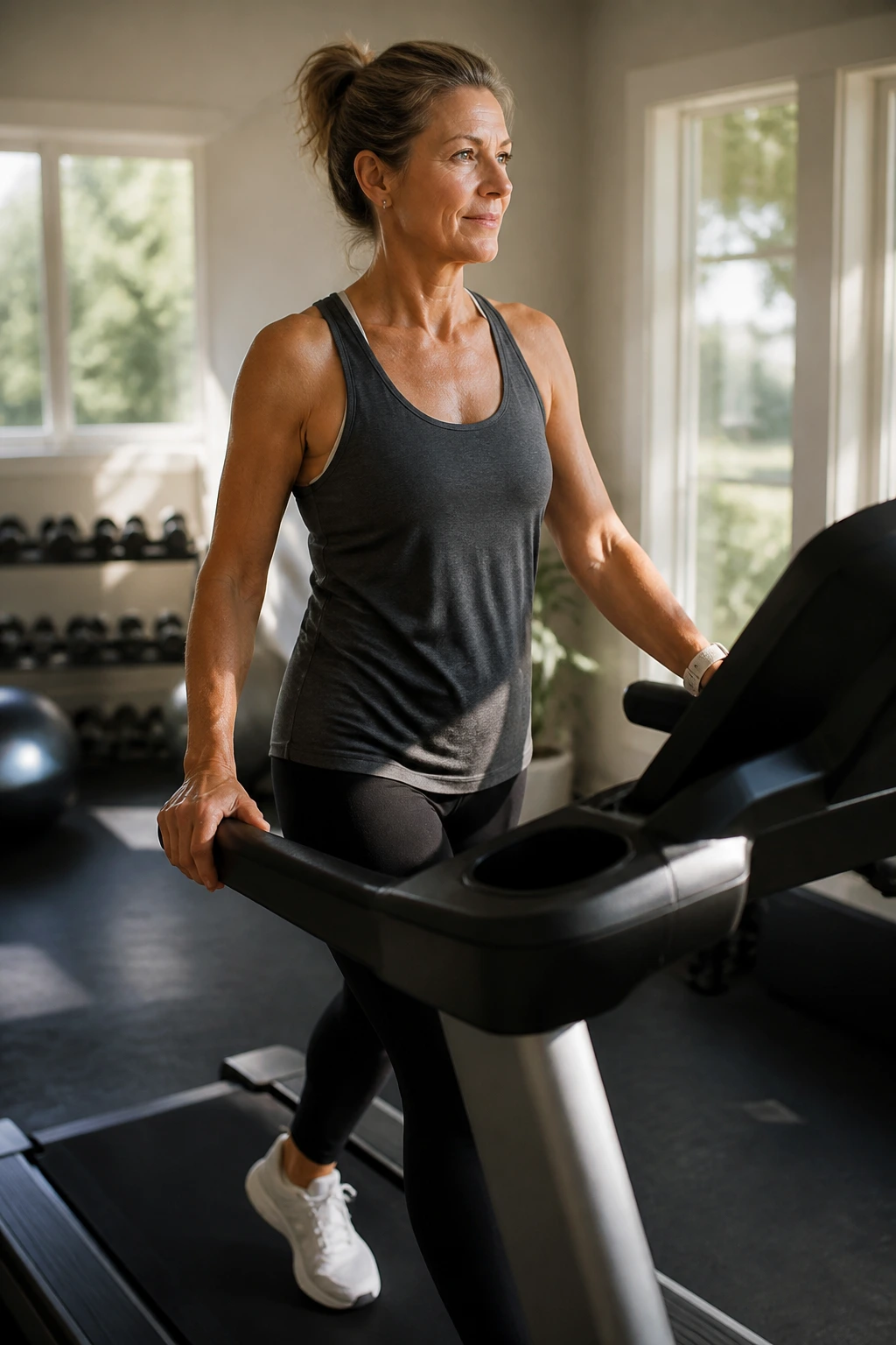 Medium close-up of a person walking on a treadmill in a home gym during a steady endurance workout
