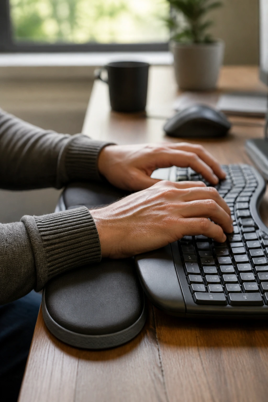 Close-up of hands typing with neutral wrists on an ergonomic setup
