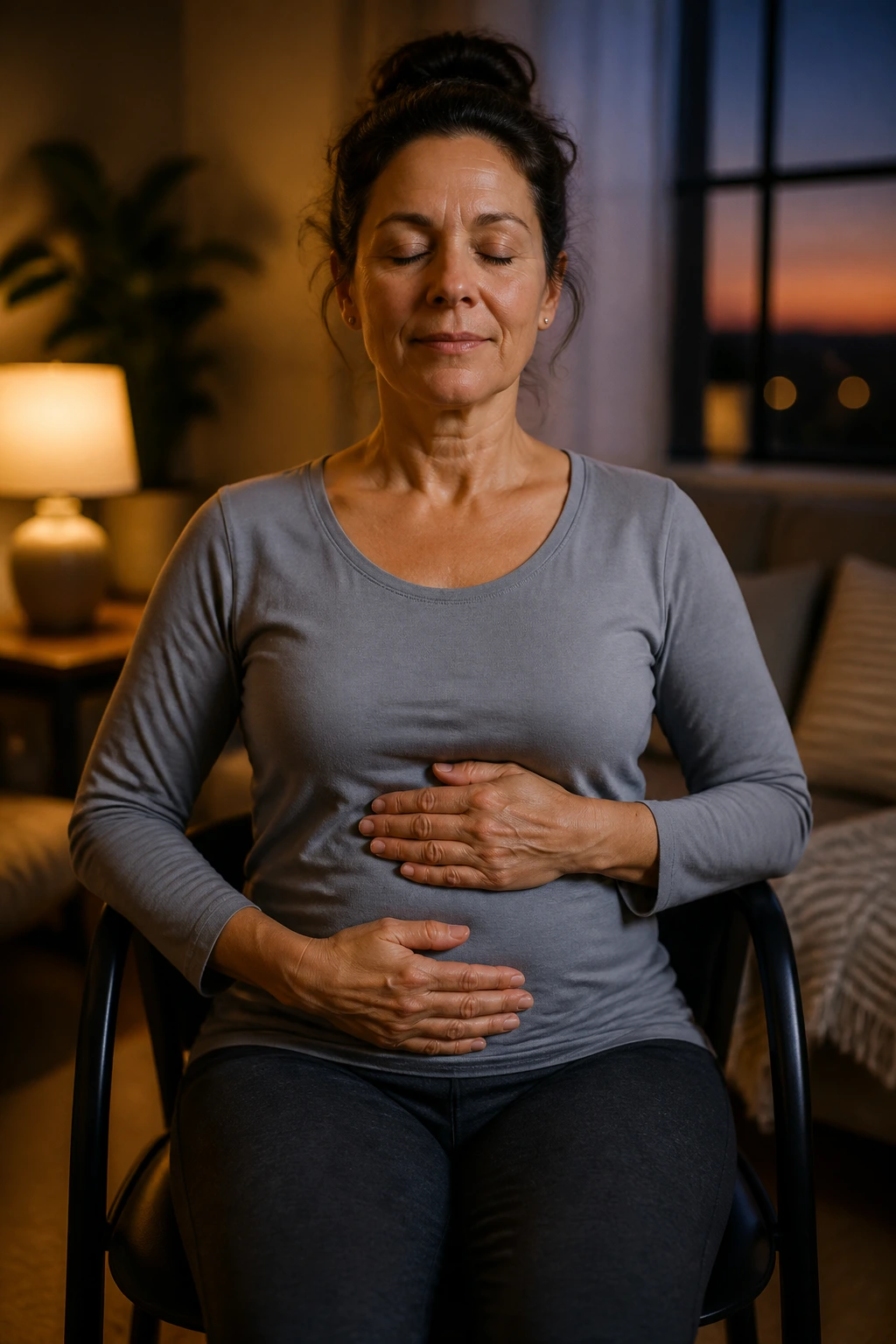 Seated person with hands on belly in a calm chair yoga moment in a cozy living room.