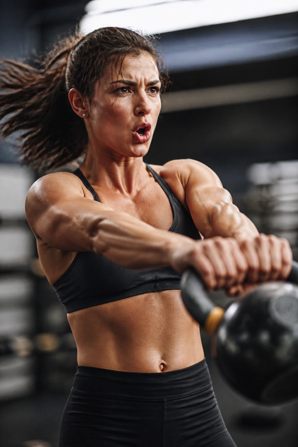 Athlete exhaling sharply during explosive kettlebell movement
