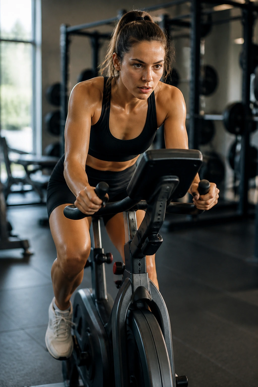Woman on stationary bike during express gym session