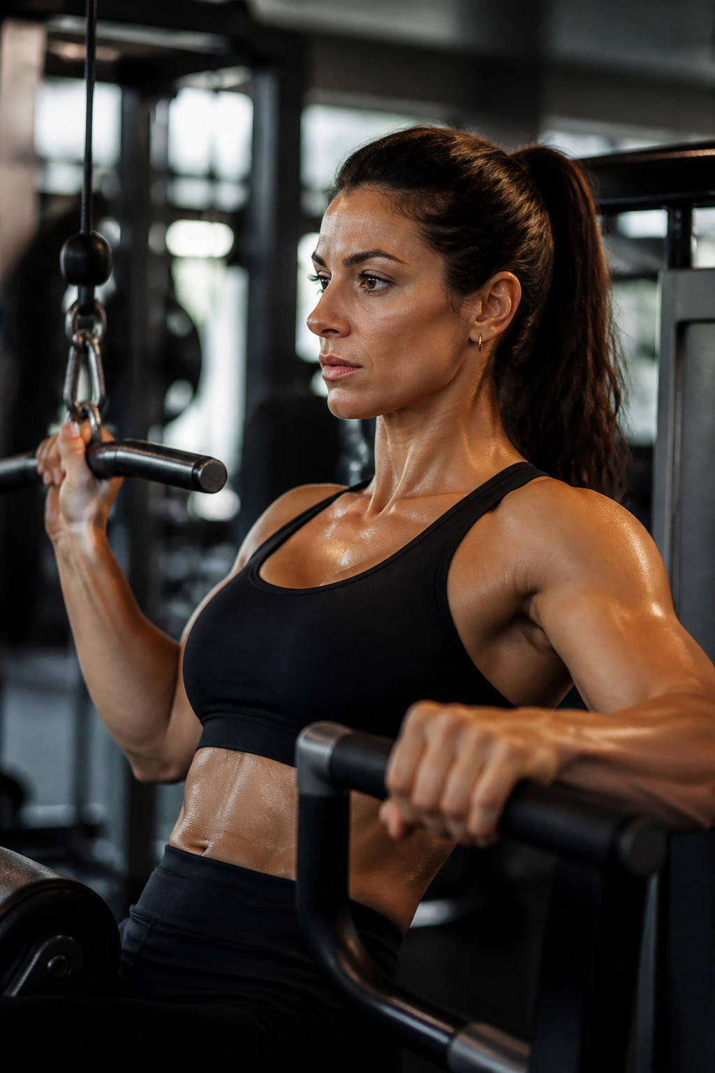 Medium close-up of a woman performing a quick, 45-minute gym circuit.