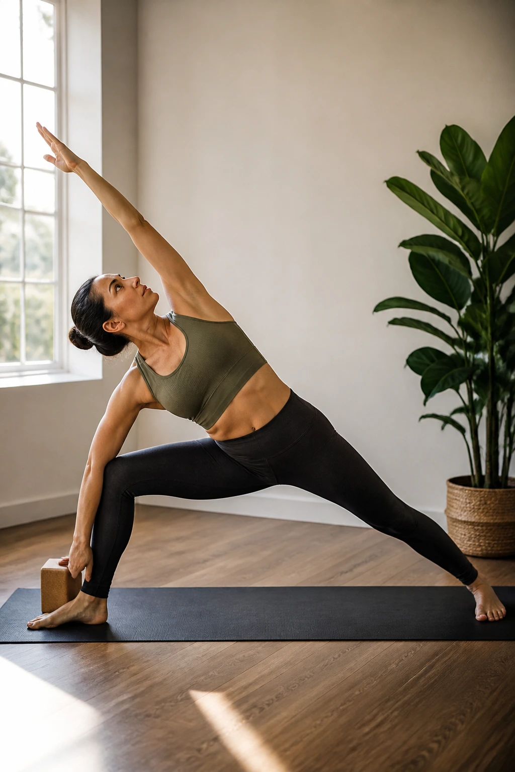 Person in Extended Side Angle pose in a cozy home space with natural light