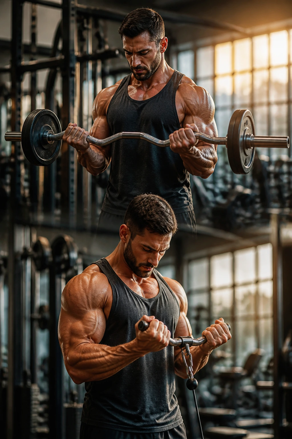 Lifter curling with EZ-bar then cable curl handle, gym background blurred