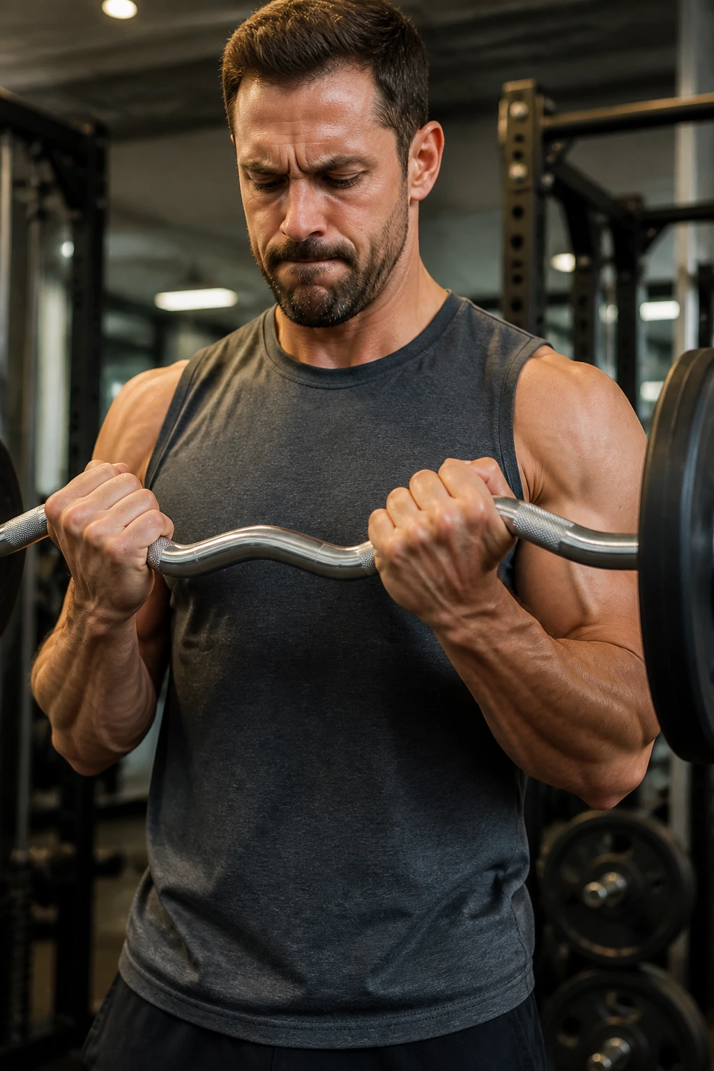 Close-up EZ-bar curl with neutral wrists in gym.