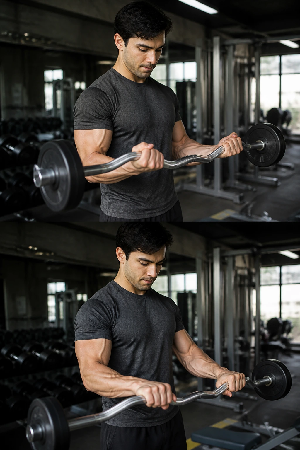 Forearms gripping an EZ-bar performing a curl with a reverse curl grip