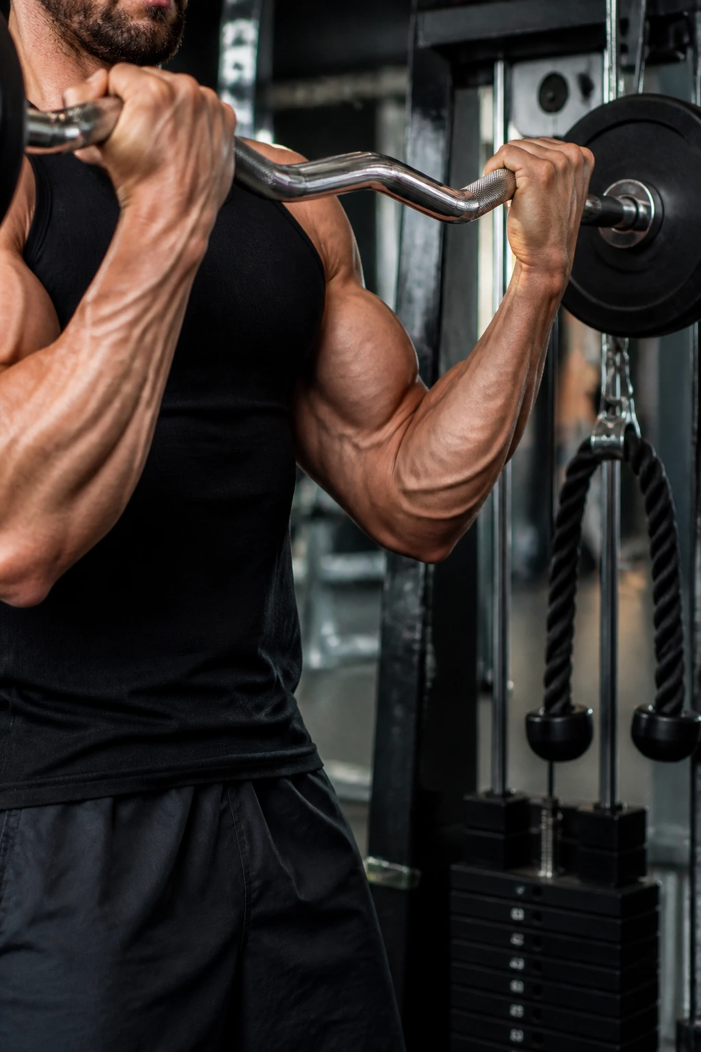 Close-up of forearm and bicep curling EZ-bar with reverse curl setup in gym background