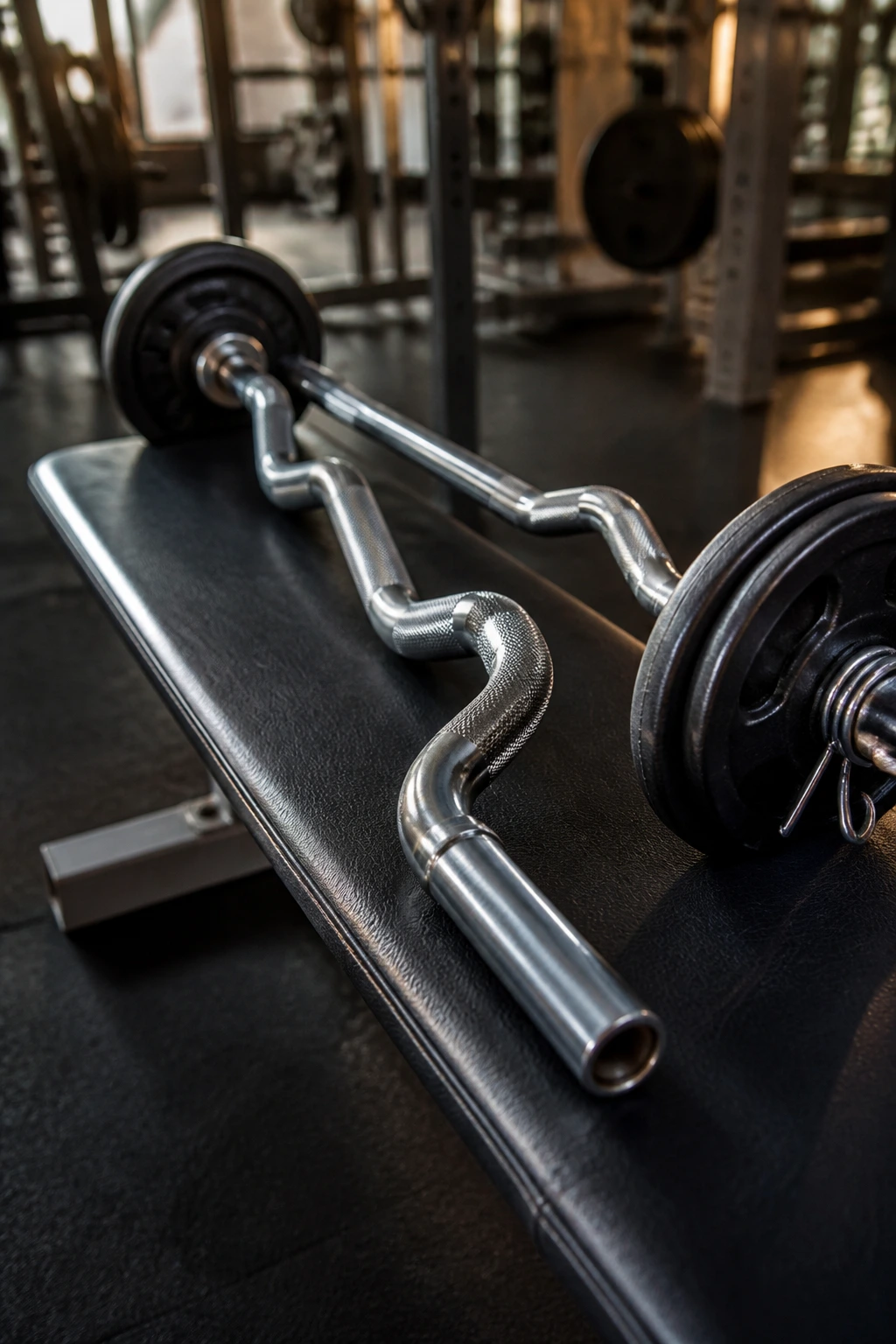 Close-up of EZ-bar and skull crusher bar on gym bench; arm training equipment.