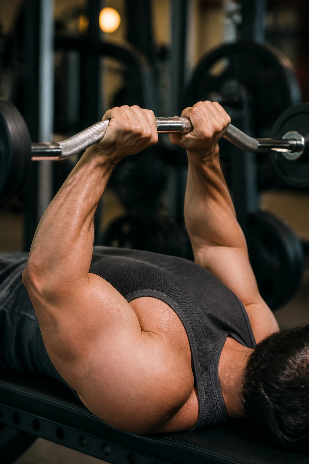 Close-up of lifter's forearms gripping an EZ-bar on a bench during JM press