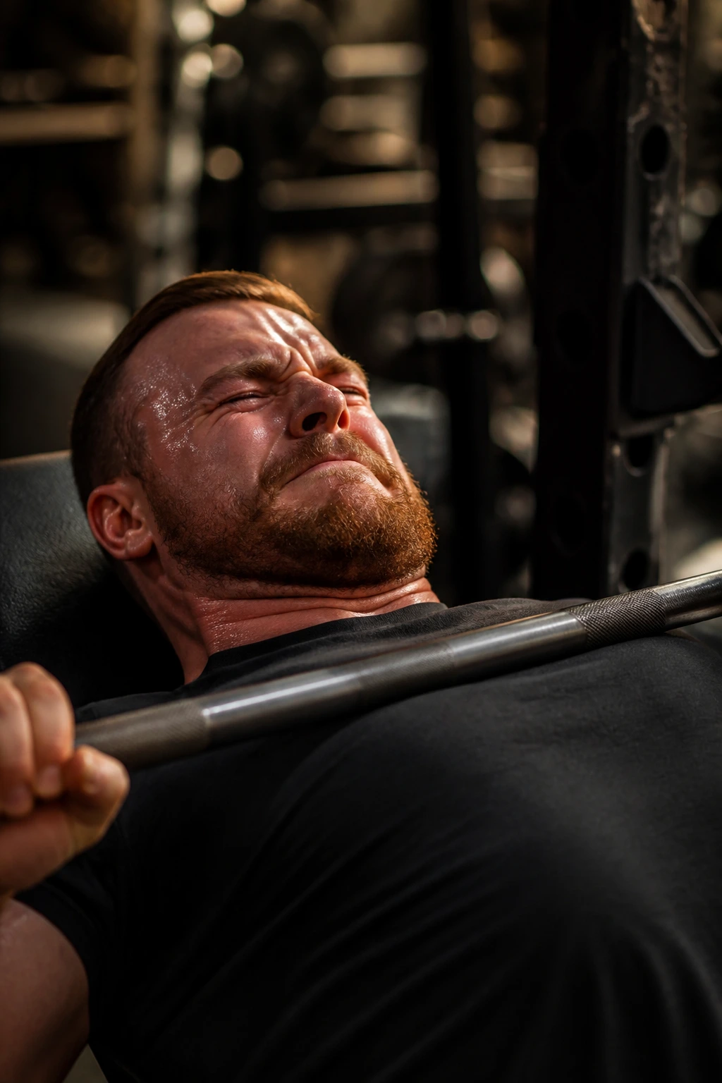 Close-up of lifter's strained face during bench press failure in gym
