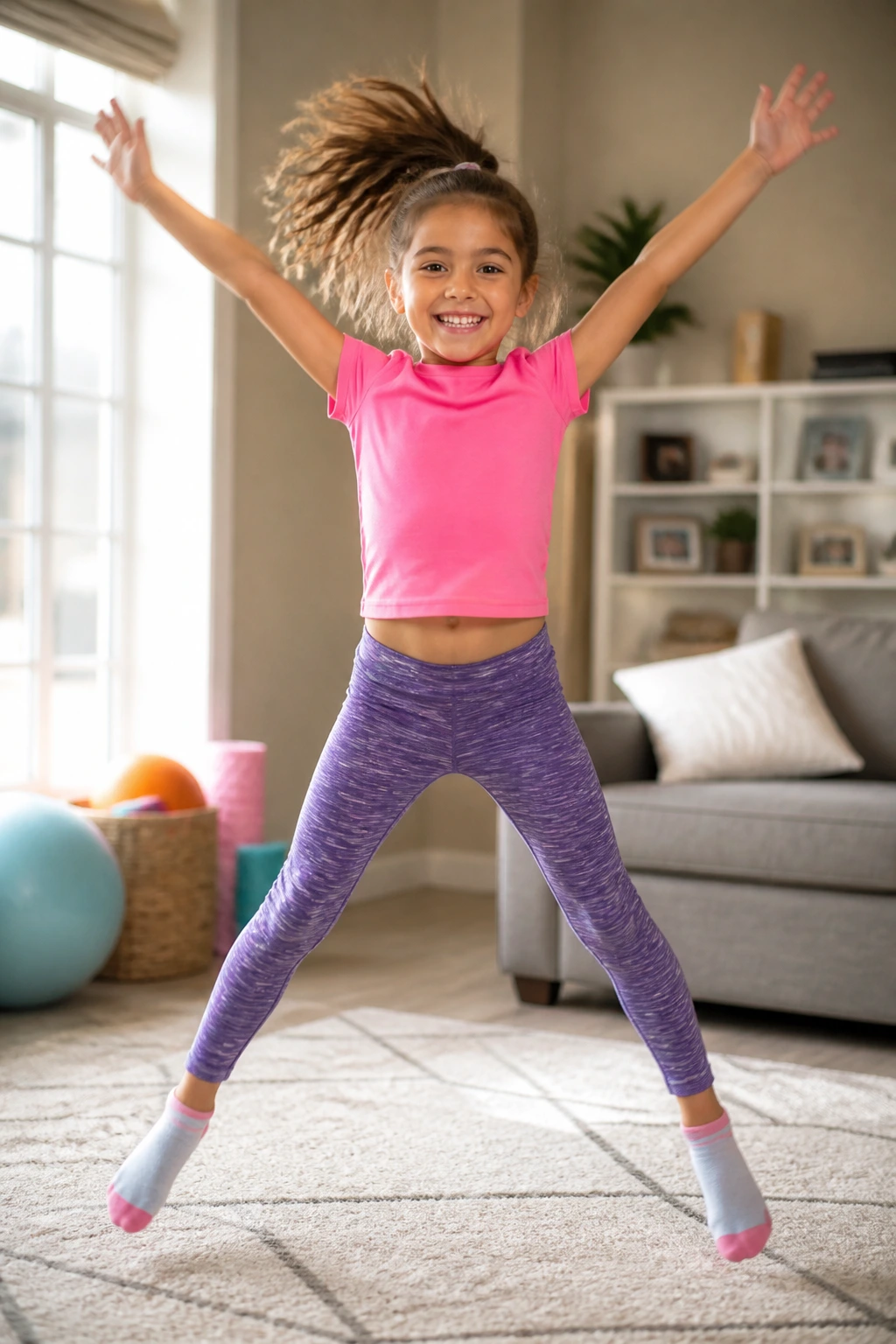Close-up of a child performing jumping jacks in a bright living room for a family-friendly cardio game