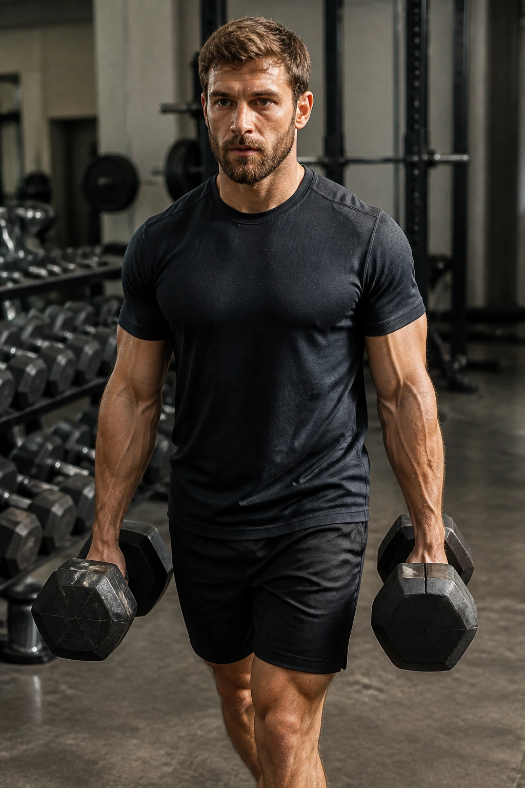 Close-up forearms gripping heavy dumbbells during a farmer's carry in a gym.