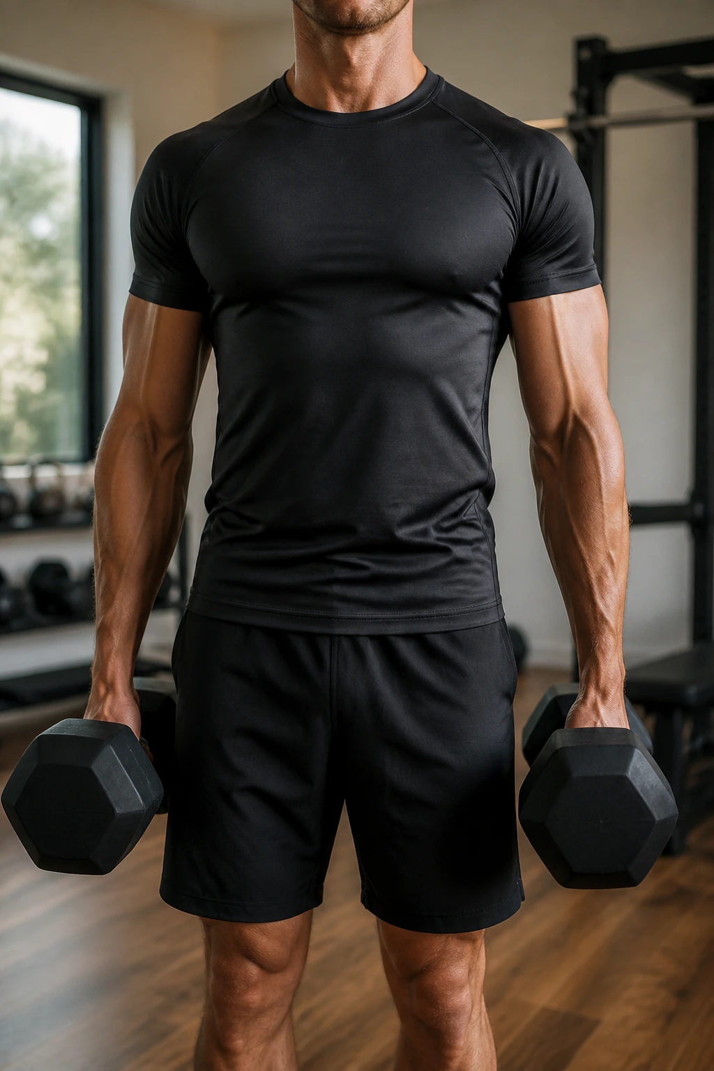 Close-up of a person performing Farmer’s Carries with dumbbells at sides, upright posture.