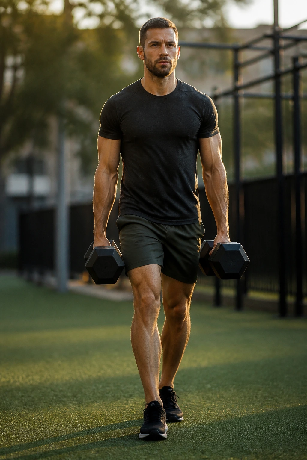Lifter performing farmer carry with heavy dumbbells
