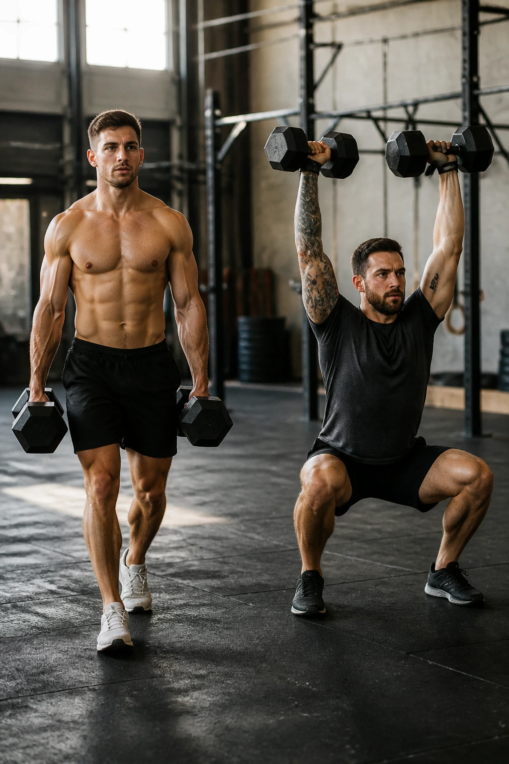 Two athletes in a gym executing farmer carry and dumbbell thruster