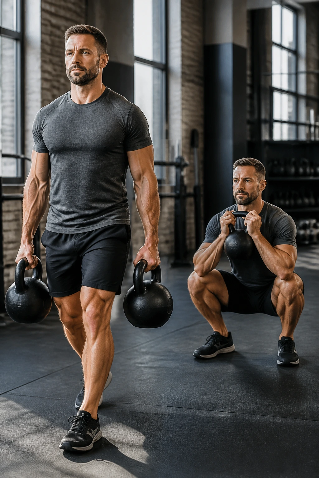 Person carrying kettlebells in farmer carry with goblet squat cue