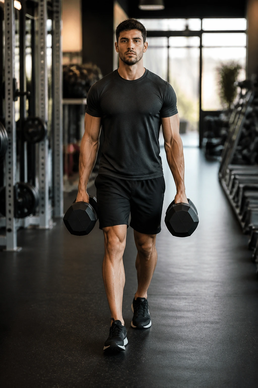 Full-body shot of a person performing Farmer’s Carry in a gym corridor