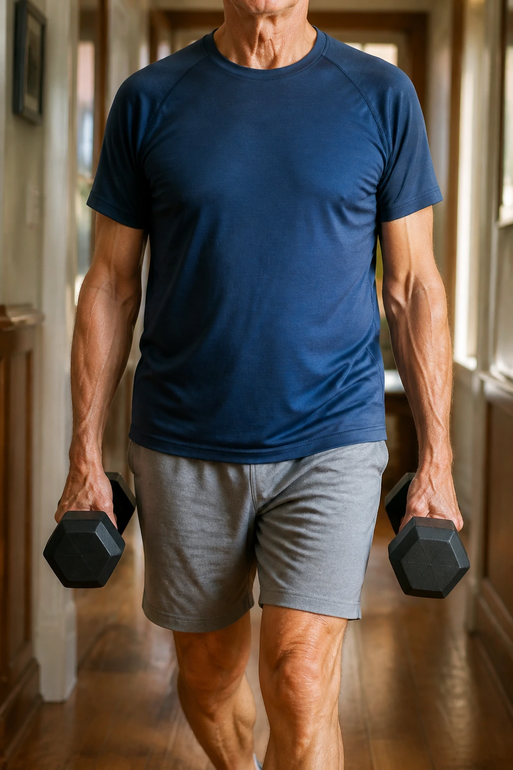 Close-up of a real person performing a farmer carry with light dumbbells in a hallway