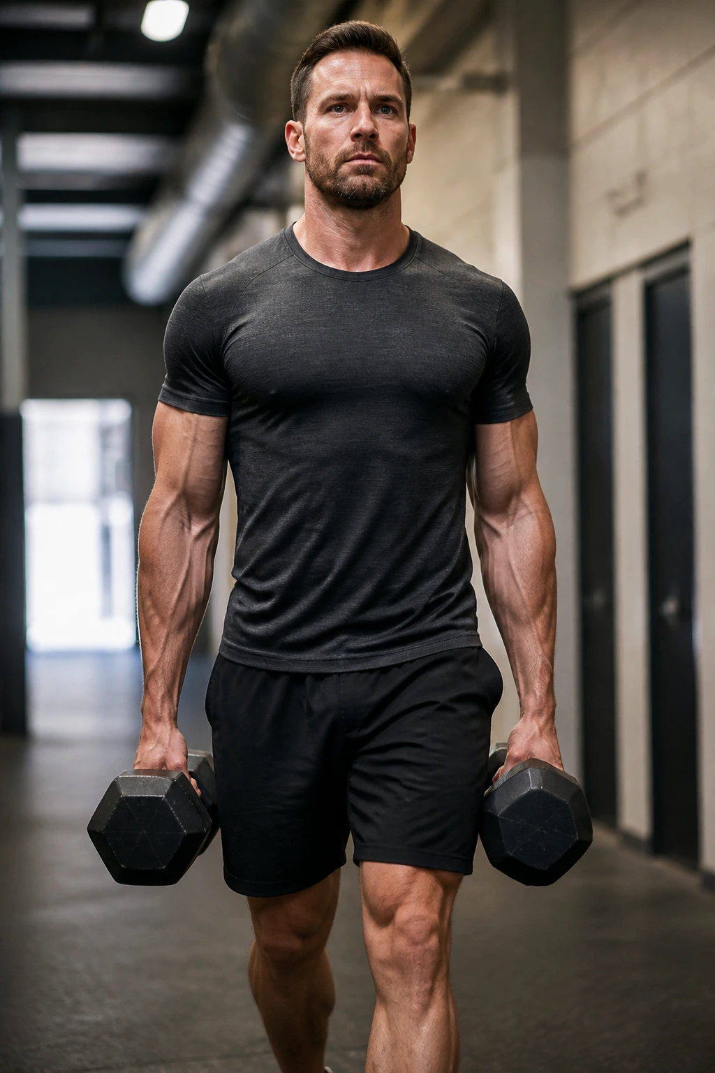 Medium-close image of farmer carry with two dumbbells and upright posture in a gym