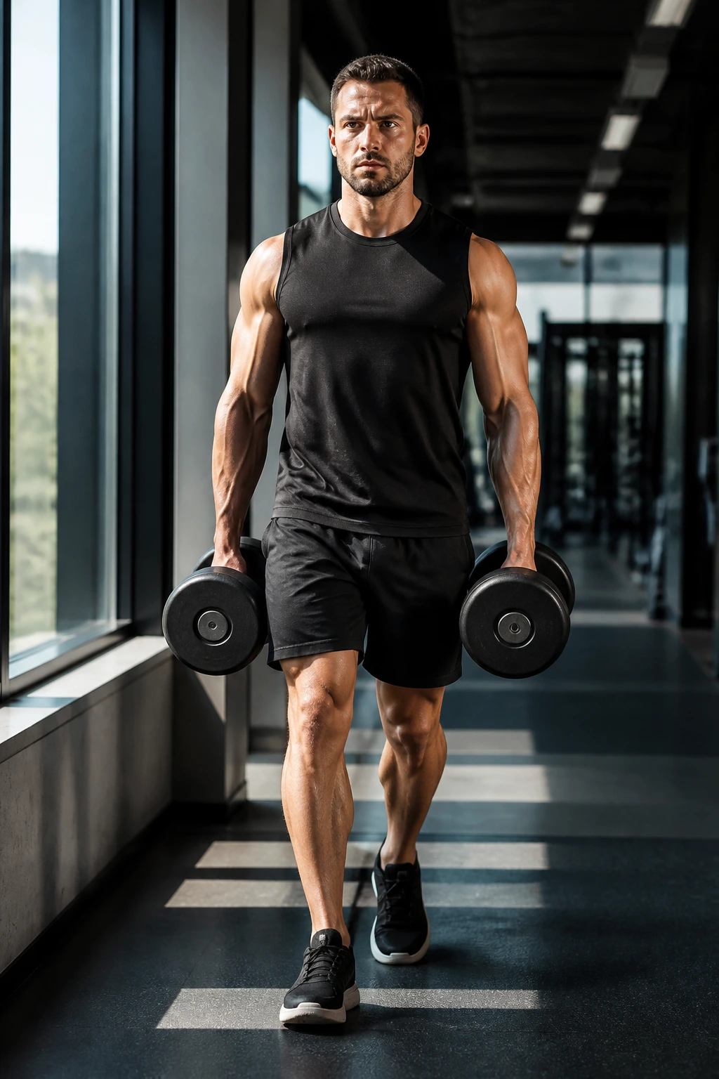 Lifters hands gripping dumbbells during farmer’s carry walk.