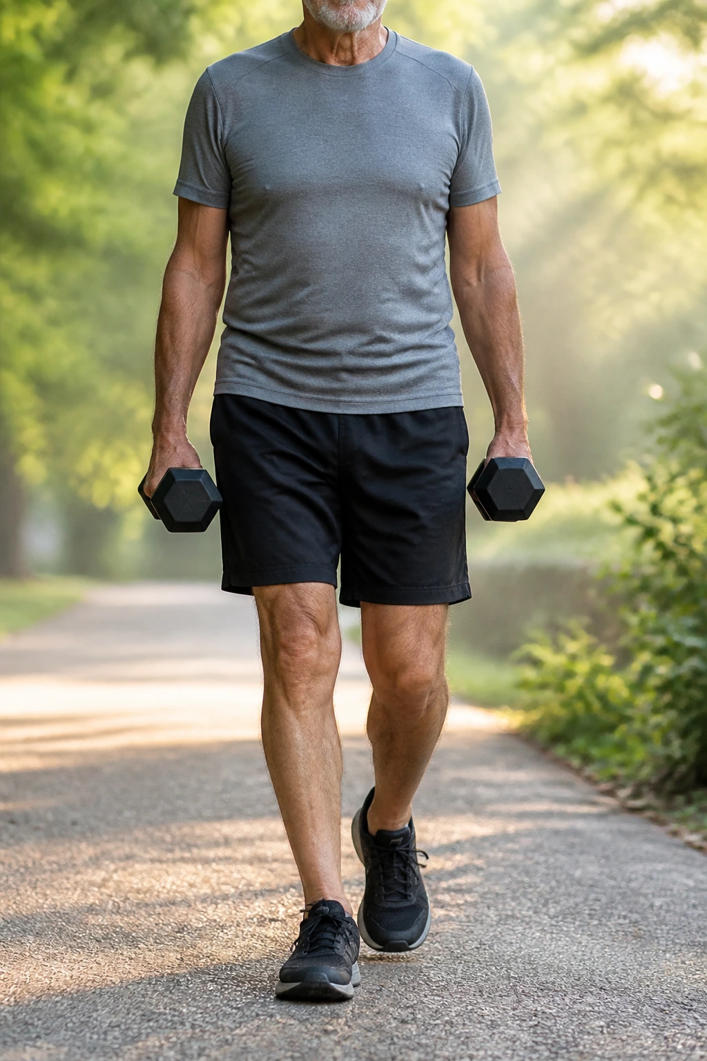 Older adult carrying light weights while walking in a peaceful hallway or park path