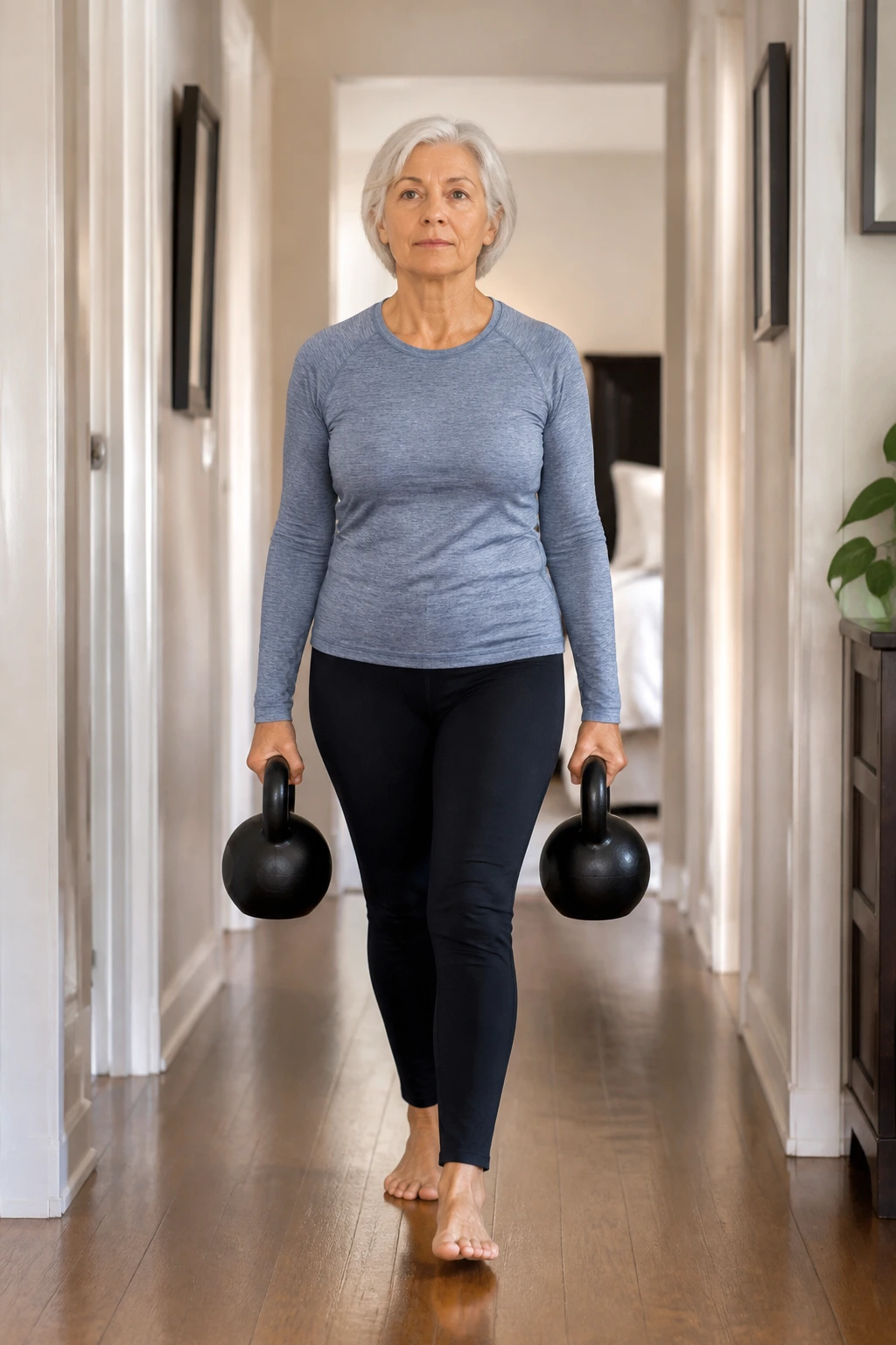 Senior carrying weights while walking in a home hallway.