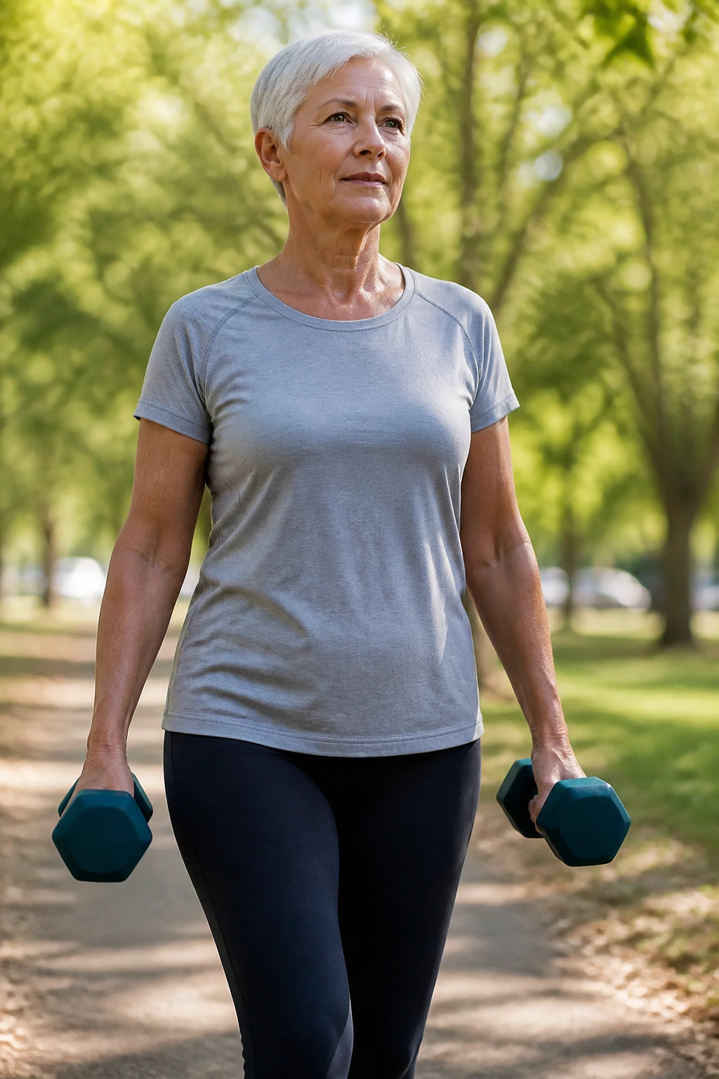 Senior performing farmer carry with dumbbells on park path