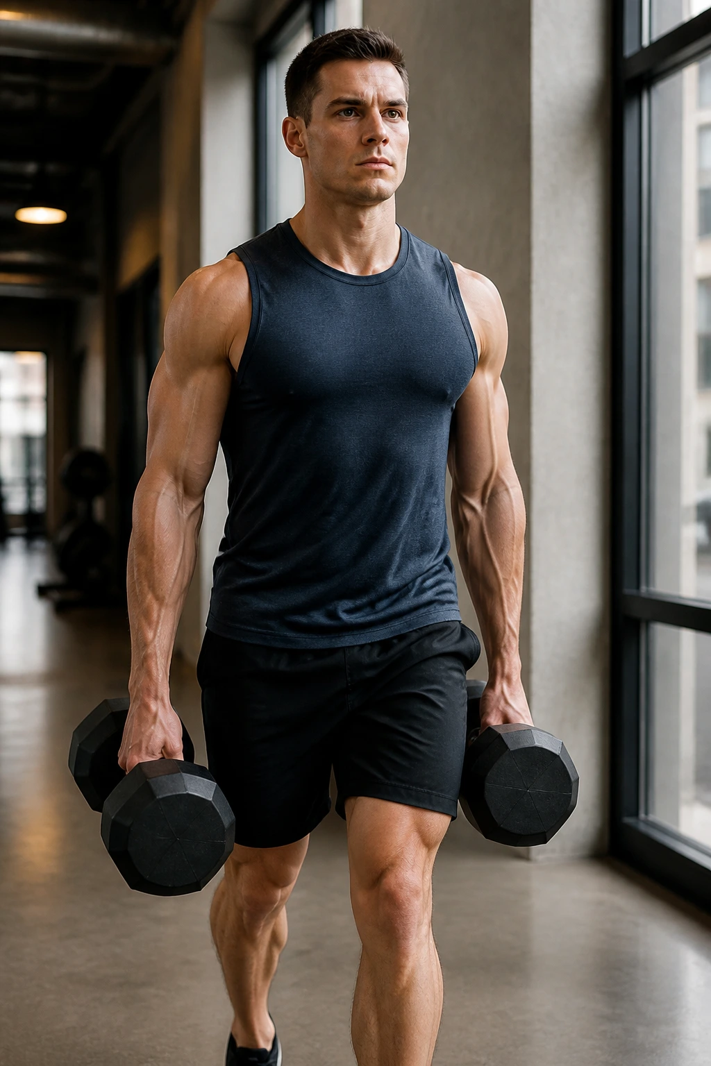 Person performing farmer's carries with heavy dumbbells showing grip and posture