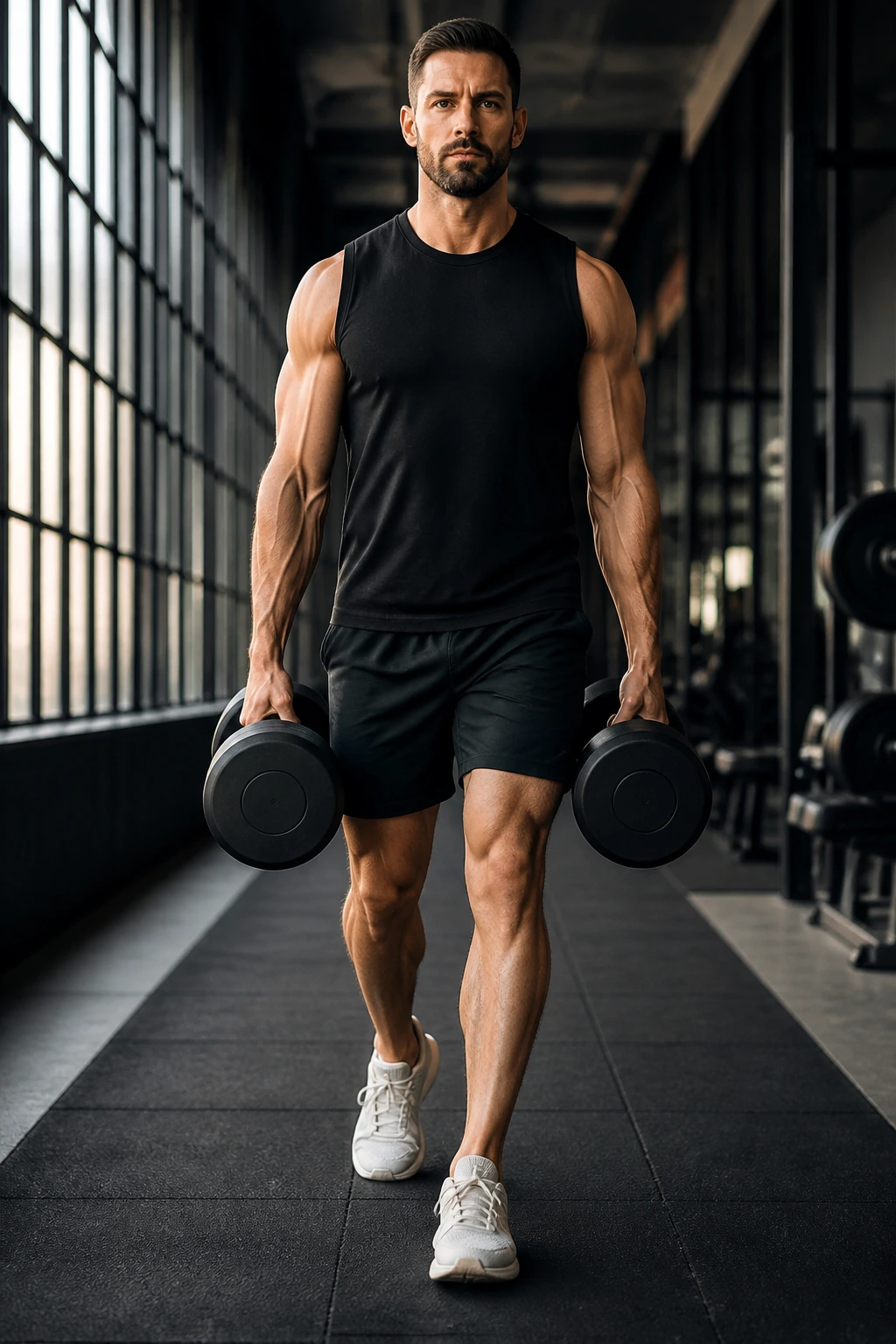 Full-body shot of a person performing a farmer's carry with dumbbells